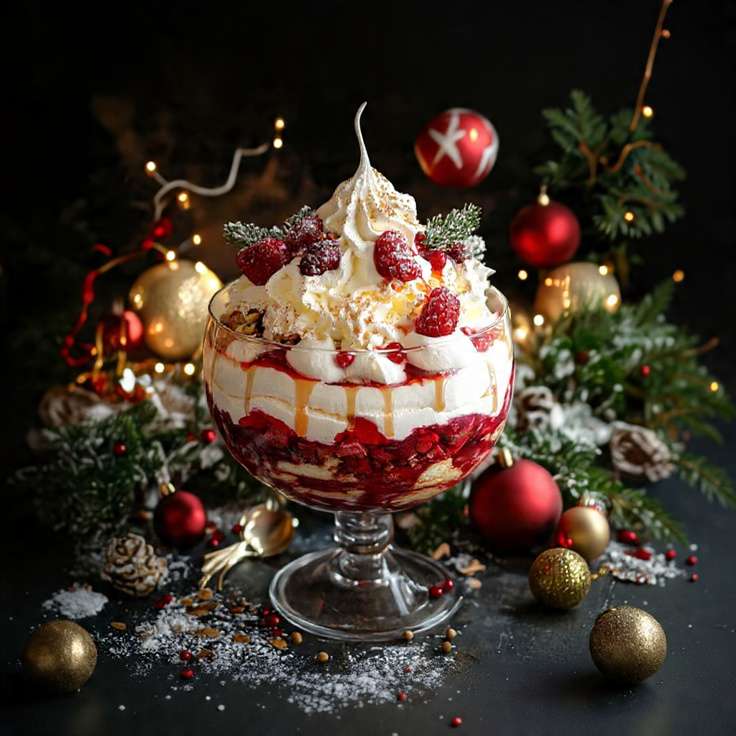 Trifle de Noël en verre avec fruits rouges, crème vanille et chantilly