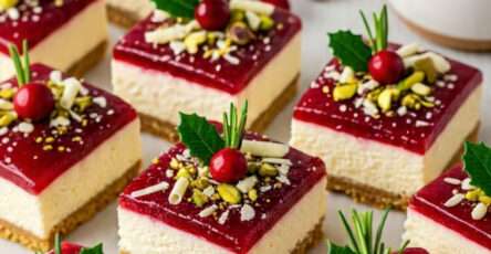 Mini cheesecakes fruits rouges carrés avec gelée brillante, pistaches et décor festif