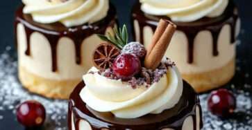 Mini cheesecakes chocolat vanille avec ganache drip, chantilly et décor de Noël