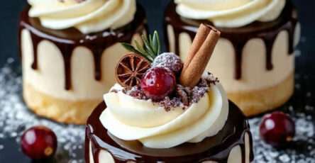 Mini cheesecakes chocolat vanille avec ganache drip, chantilly et décor de Noël