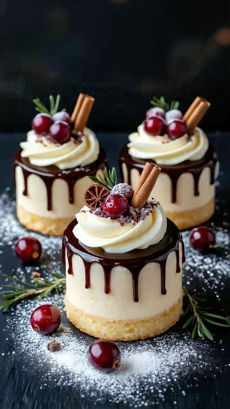 Mini cheesecakes chocolat vanille avec ganache drip, chantilly et décor de Noël