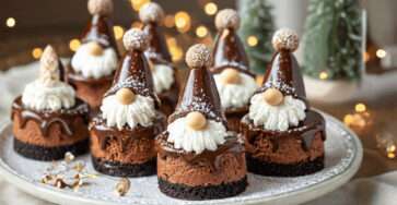 Mini cheesecakes chocolat Noël décorés en Père Noël avec chantilly, ganache et déco festive