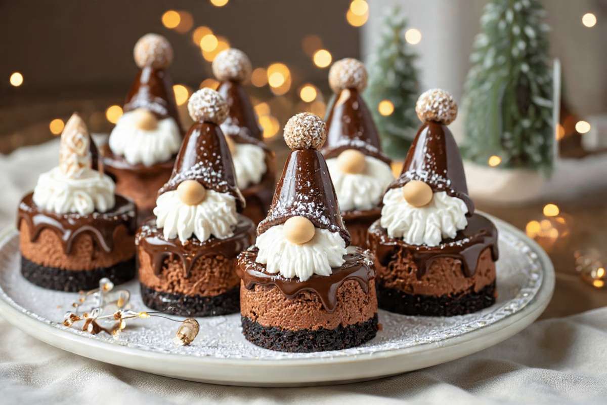 Mini cheesecakes chocolat Noël décorés en Père Noël avec chantilly, ganache et déco festive