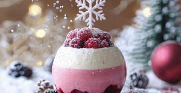 Verrine de Noël composée de mousse framboise, crème vanille et décor givré