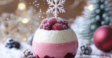 Verrine de Noël composée de mousse framboise, crème vanille et décor givré