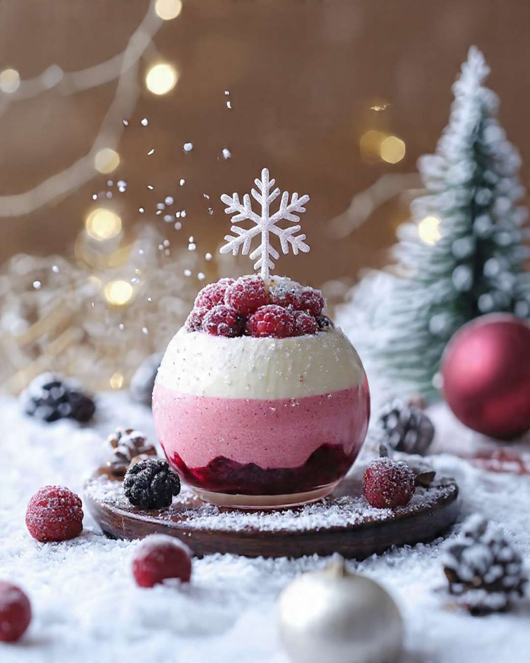 Verrine de Noël composée de mousse framboise, crème vanille et décor givré