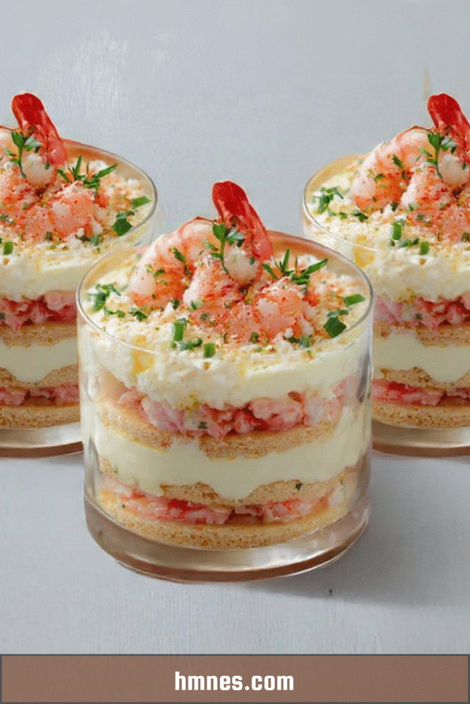 Verrines tiramisu salé aux crevettes avec mascarpone citronné et herbes fraîches
