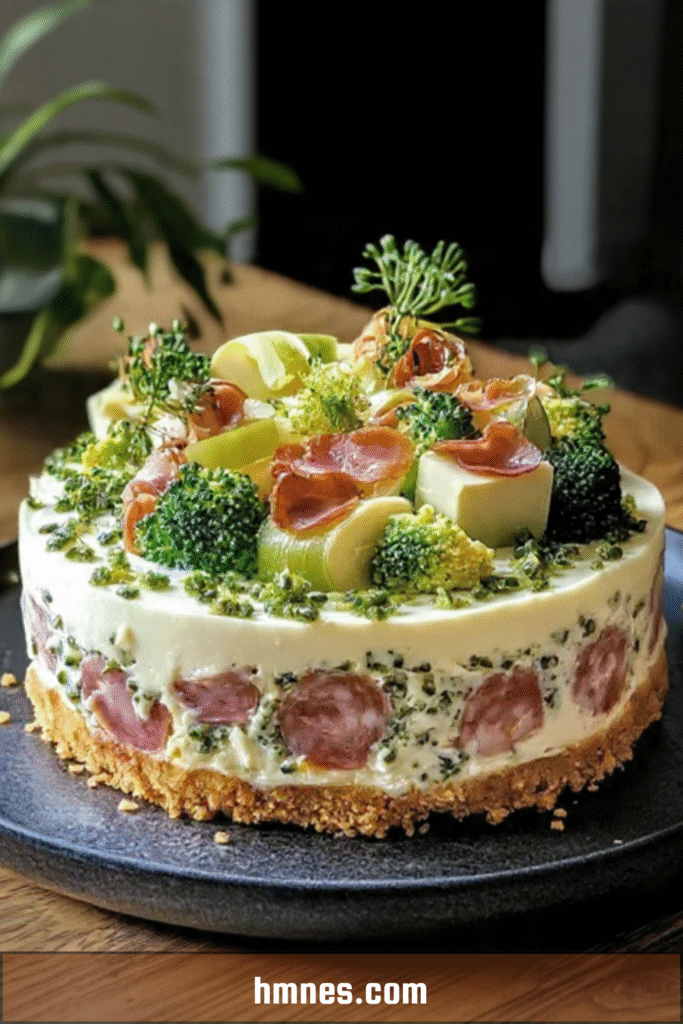 Cheesecake salé brocoli fromage jambon cru décoré de fleurettes et herbes fraîches