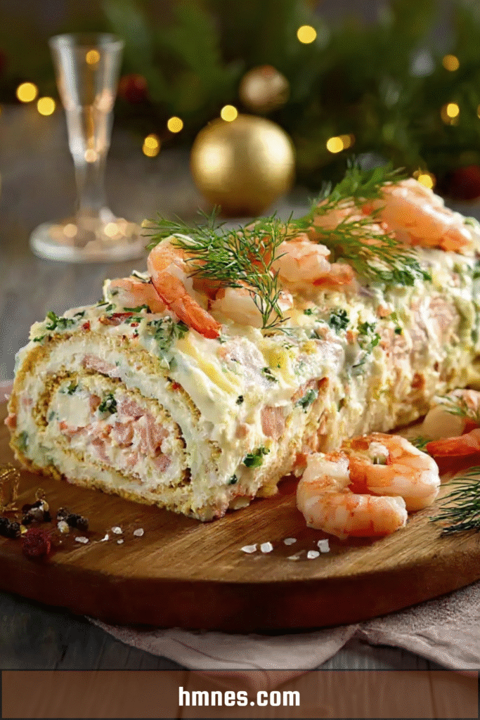 Bûche salée aux saveurs de la mer garnie de crevettes, saumon fumé et aneth frais