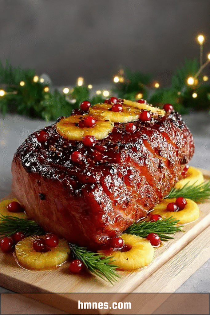 Rôti de jambon glacé à l’ananas et cranberries nappé de glaçage caramélisé