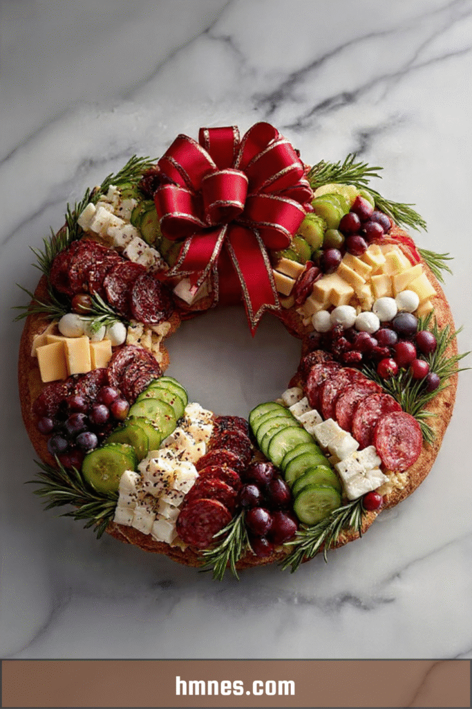 Couronne apéritive de Noël composée de fromages, charcuterie, raisins et romarin