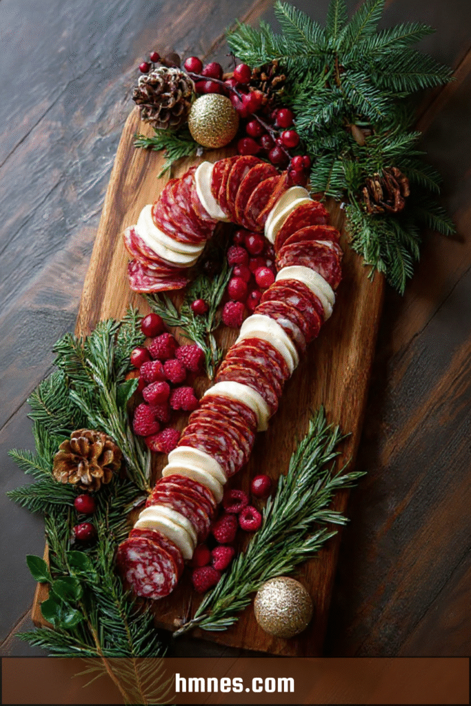 Canne de Noël apéritive composée de charcuterie, fromage, fruits rouges et romarin