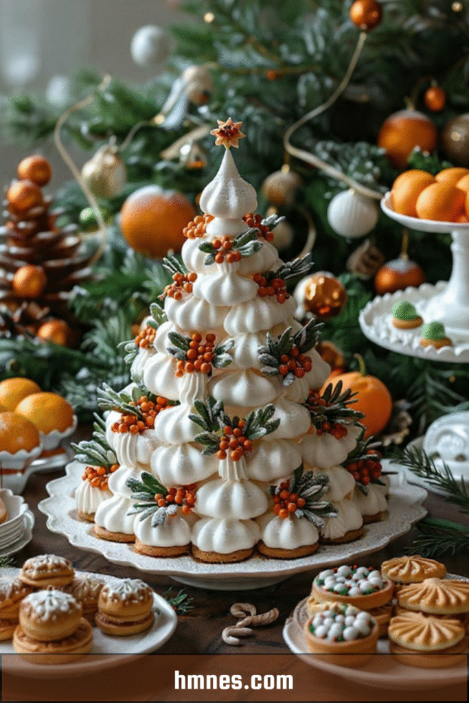 Sapin de Noël en meringues blanches décoré de perles en sucre et romarin