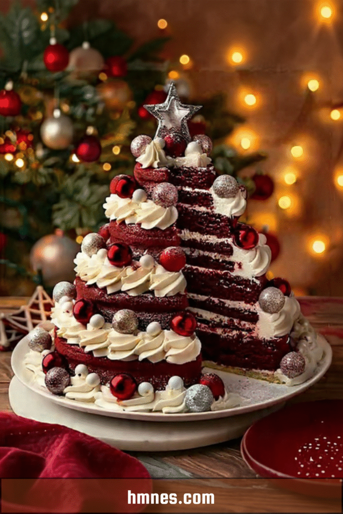 Sapin de Noël Red Velvet à la crème fromage décoré de perles en sucre et étoile dorée