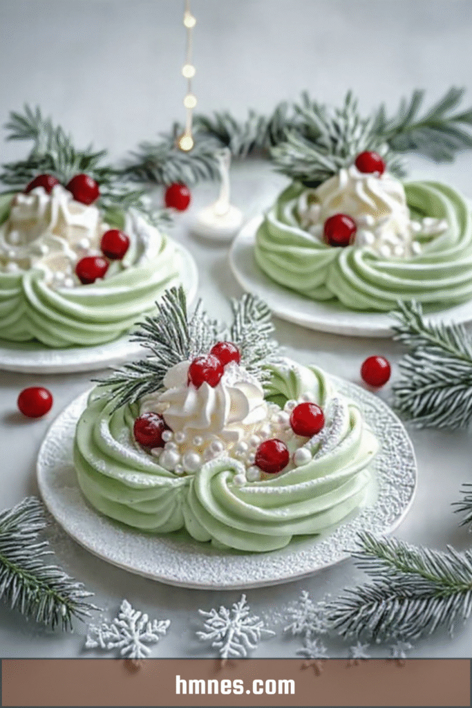 Couronne de pavlova de Noël à la crème verte décorée de cranberries et romarin