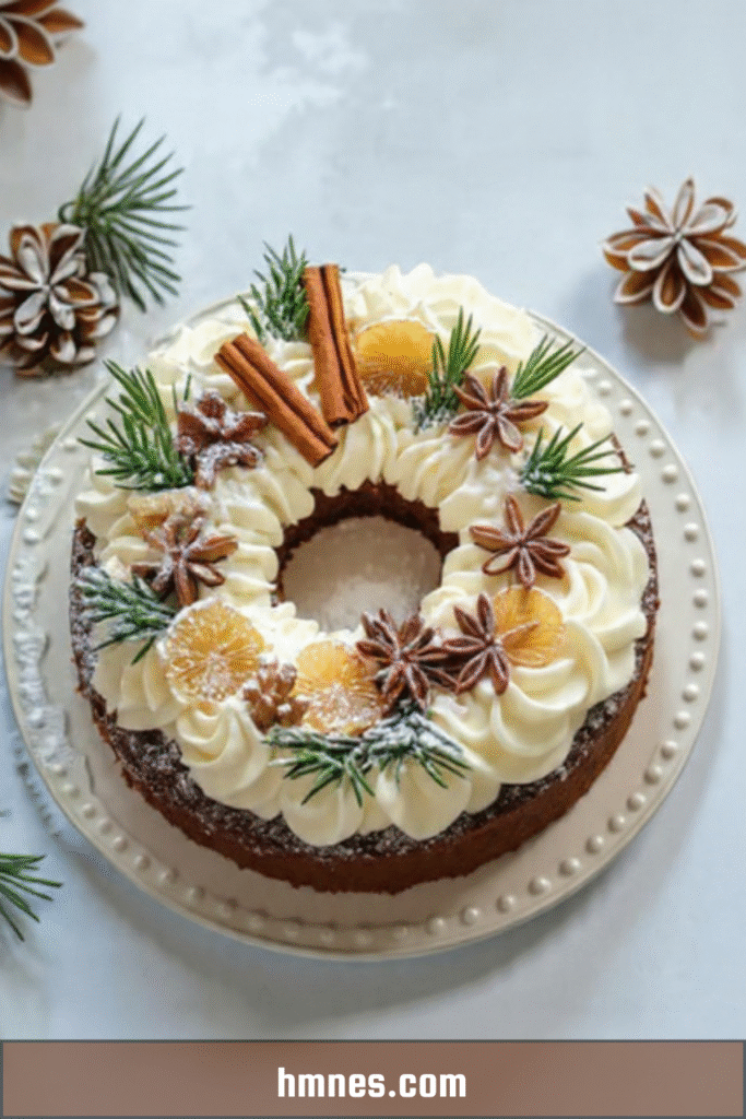 Couronne de gâteau de Noël aux épices décorée d’orange séchée, cannelle et crème vanillée