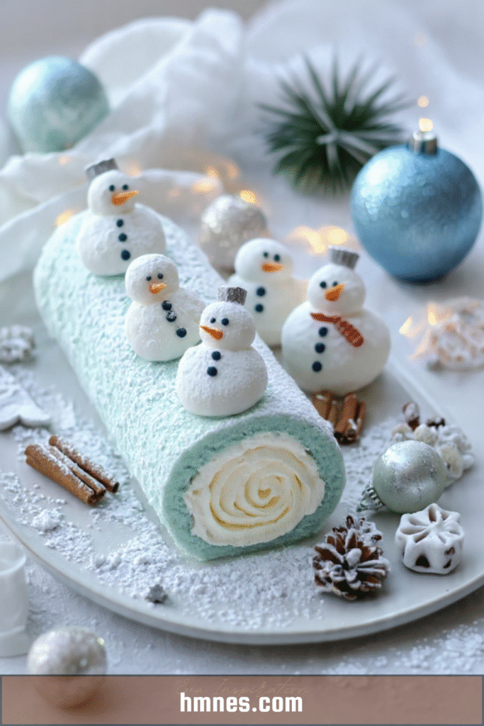 Bûche roulée bonhommes de neige à la vanille décorée de sucre glace effet neige