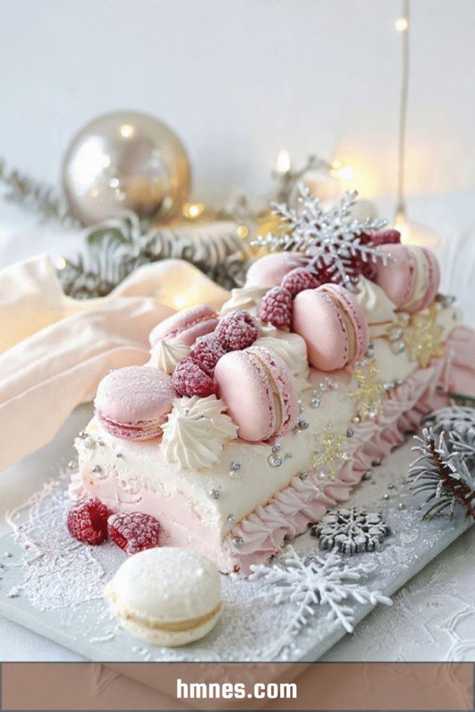 Bûche de Noël rose framboise décorée de macarons roses et framboises fraîches