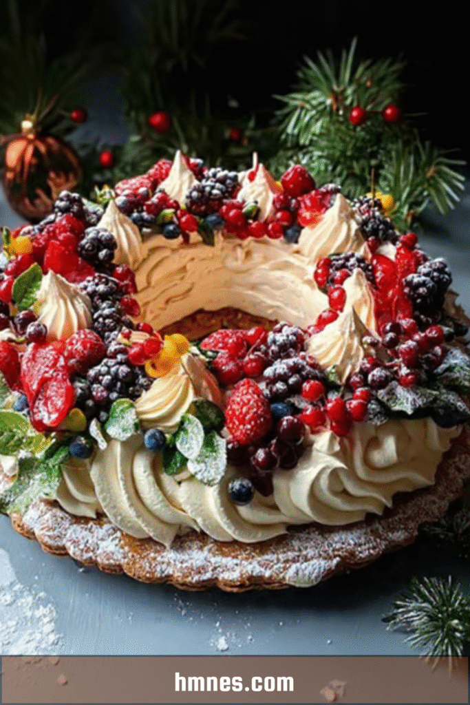 Gâteau couronne de Noël aux fruits rouges frais et crème vanille, décor festif et hivernal