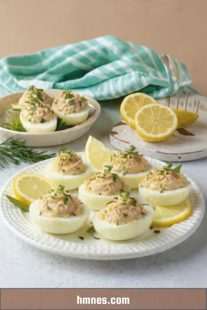 Œufs farcis au thon citron garnis d’une mousse onctueuse et décorés de zeste de citron