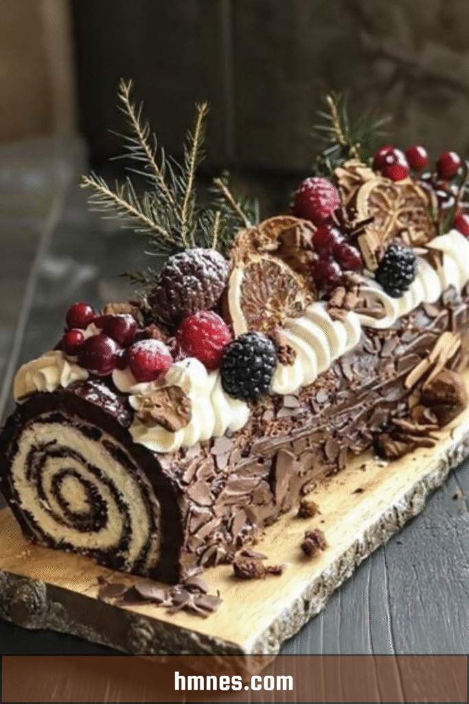 Bûche de Noël chocolat vanille décorée de fruits rouges, orange séchée et sucre glace effet forêt enchantée