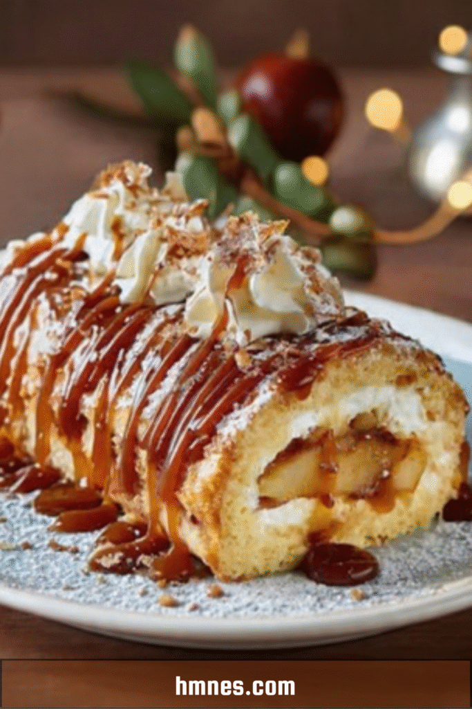 Bûche caramel beurre salé roulée, garnie de pommes caramélisées et filet de caramel