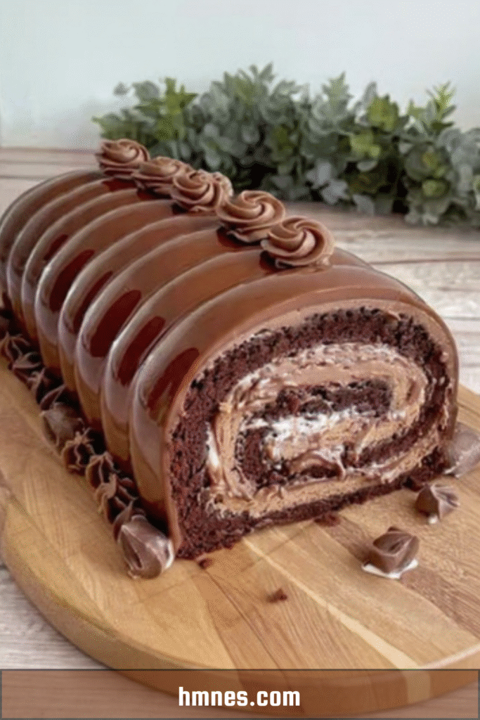 Bûche Kinder Bueno nappée de chocolat au lait, décorée de morceaux de Kinder Bueno et traits de chocolat
