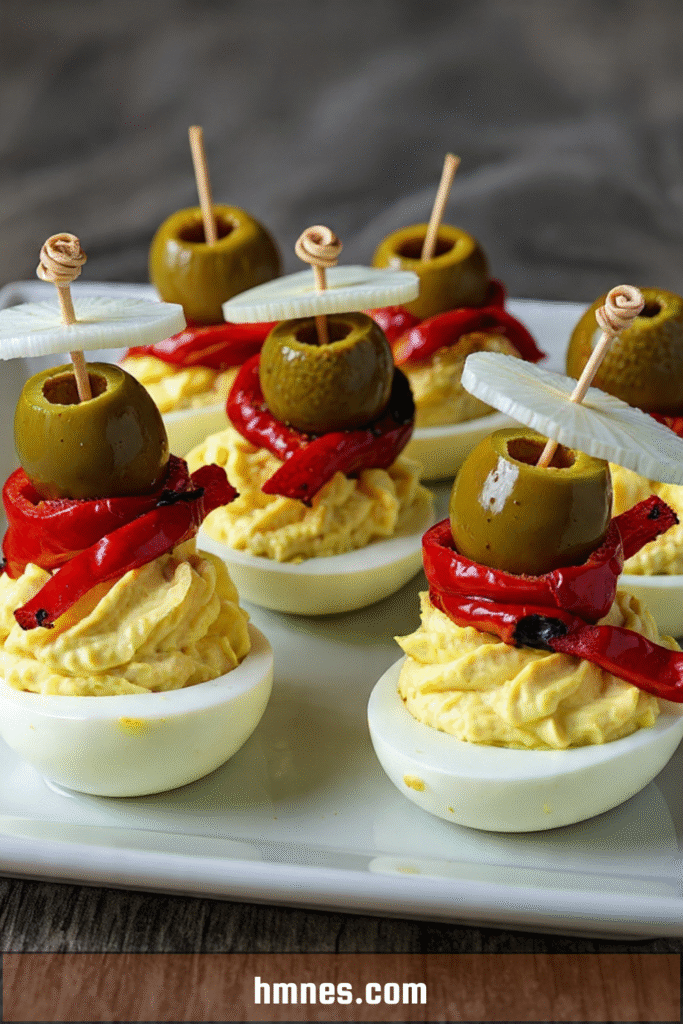 Œufs farcis méditerranéens décorés avec olives, poivrons rôtis et rondelles de radis sur un plateau de service