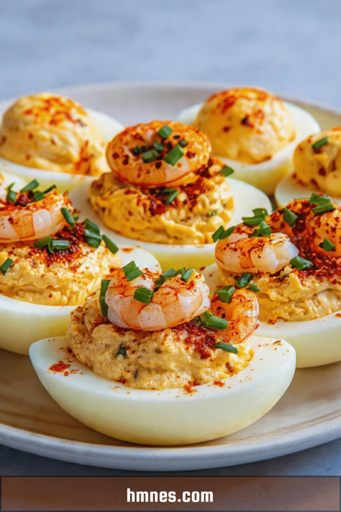 Œufs mimosa crevettes garnis de farce crémeuse au paprika et ciboulette, décorés d’une crevette sur le dessus