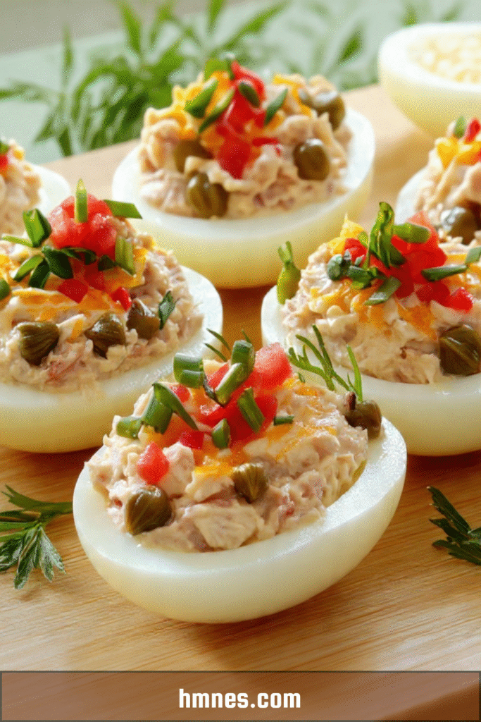 Œufs farcis thon garnis de câpres, dés de tomate, ciboulette et aneth sur un plat de service