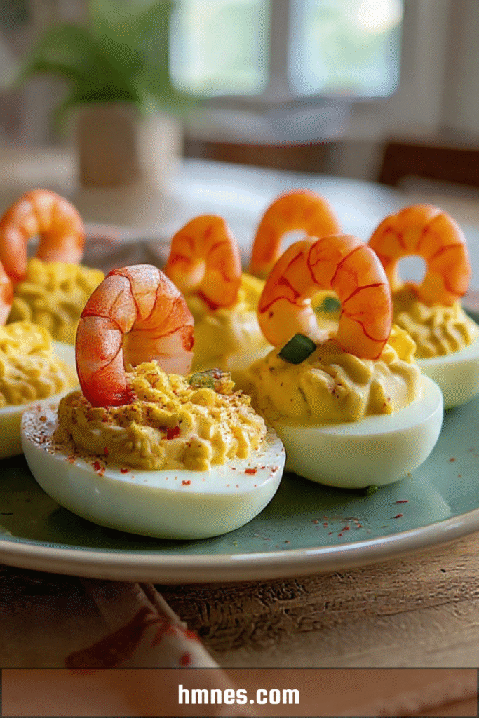 Œufs mimosa au curry garnis de crevettes verticales, ciboulette et paprika sur un plat frais