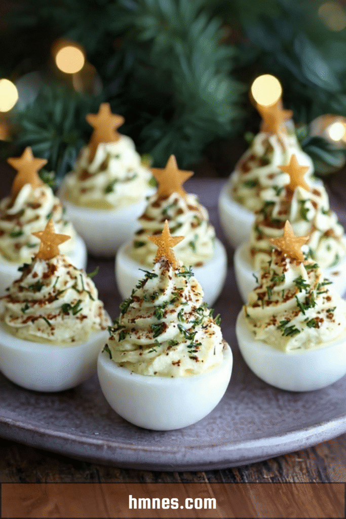 Œufs mimosa sapin de Noël décorés de ciboulette, paprika et étoile comestible