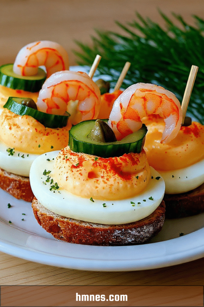 Œufs mimosa crevette dressés sur toast croustillant avec cornichons et câpres