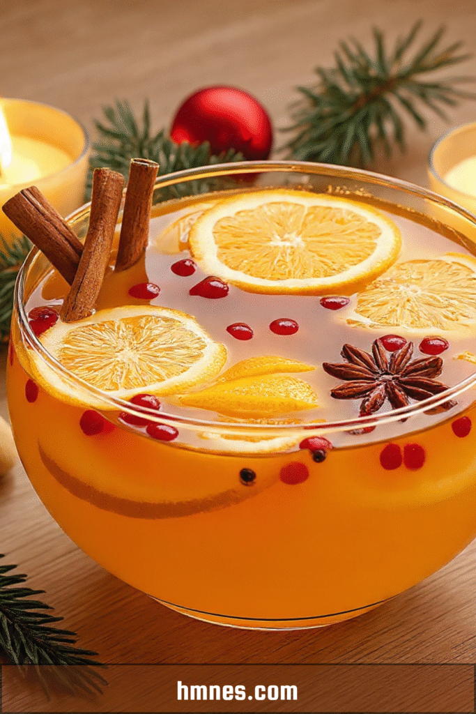 Punch de Noël servi dans un grand bol avec agrumes, cannelle et anis étoilé