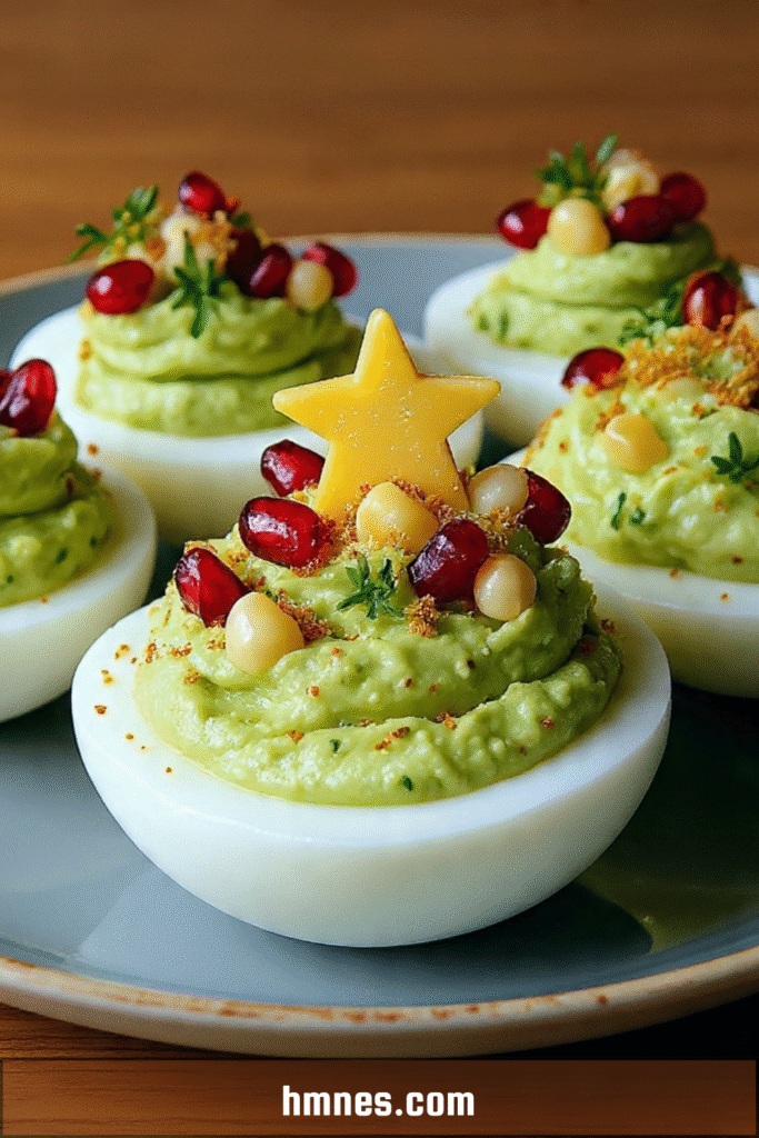 Œufs sapins Noël garnis de guacamole avec graines de grenade et étoiles de fromage
