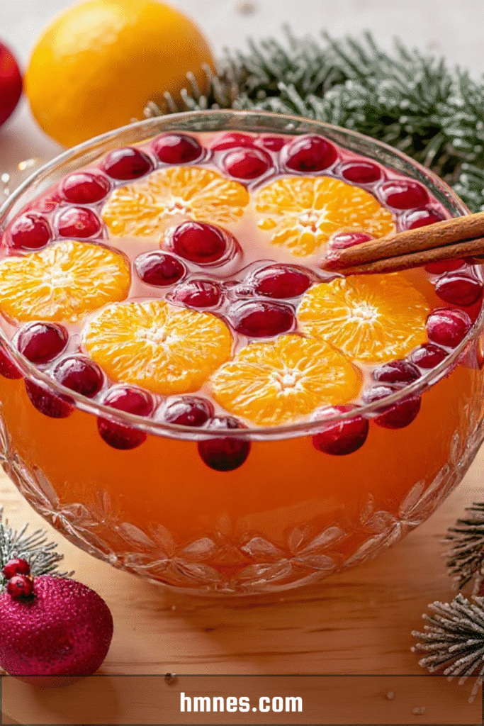 Punch de Noël sans alcool avec oranges, canneberges, cannelle et anis étoilé dans un grand saladier