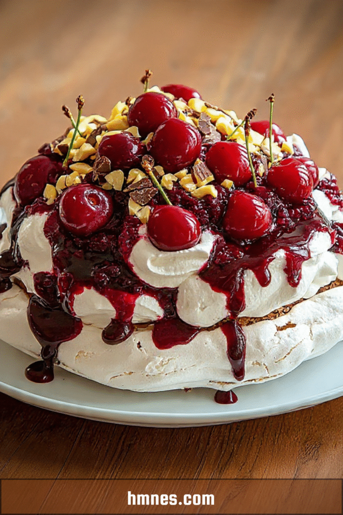 Pavlova cerises avec coulis noir, crème fouettée et éclats de chocolat