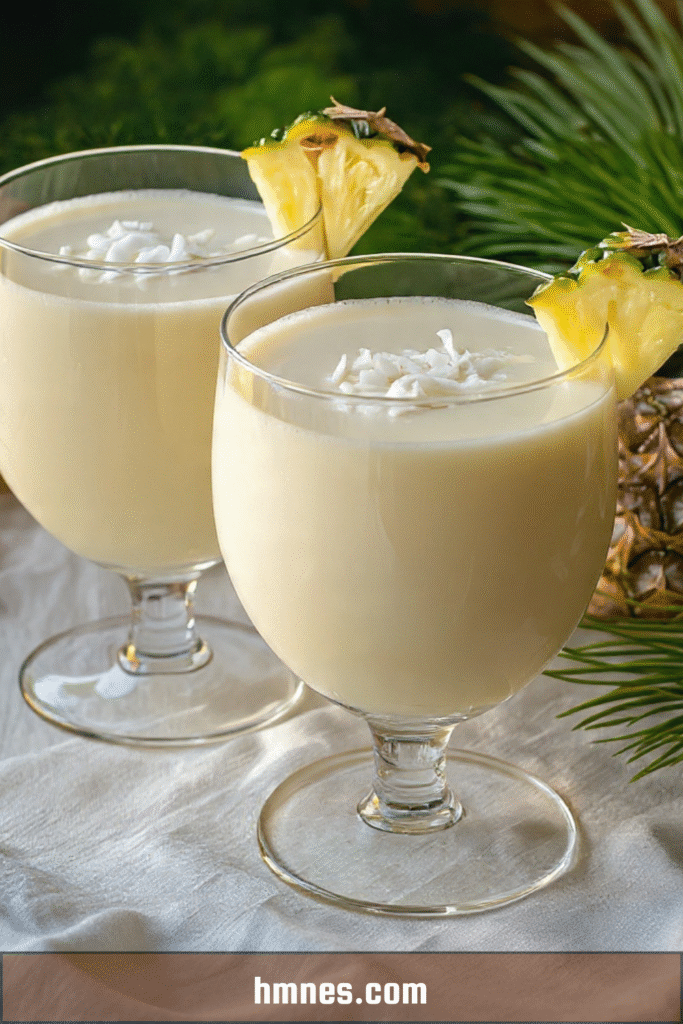 Punch coco Noël servi dans des verres décorés de noix de coco râpée et tranches d’ananas
