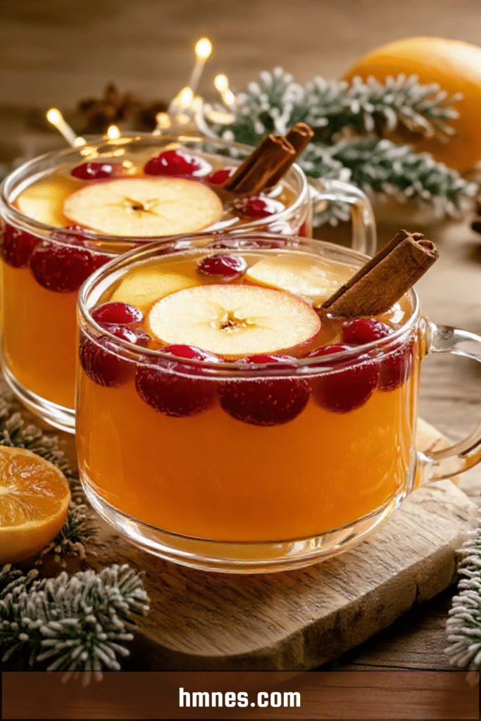 Punch chaud pomme Noël servi dans des tasses transparentes avec épices et rondelles d’agrumes