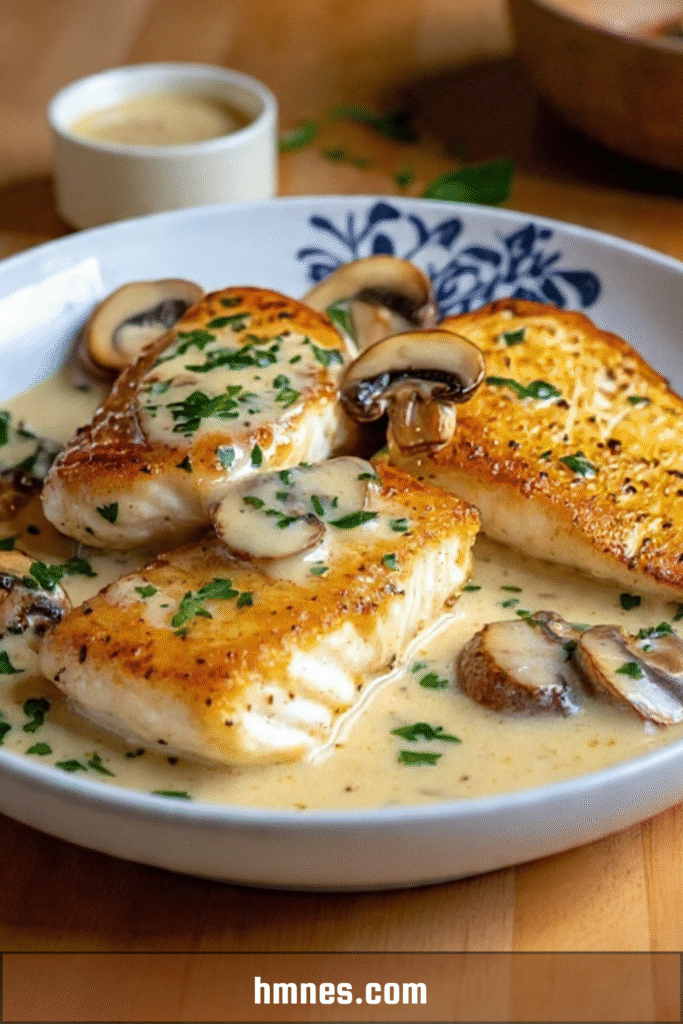 Poisson crème champignons nappé de sauce crémeuse avec persil frais