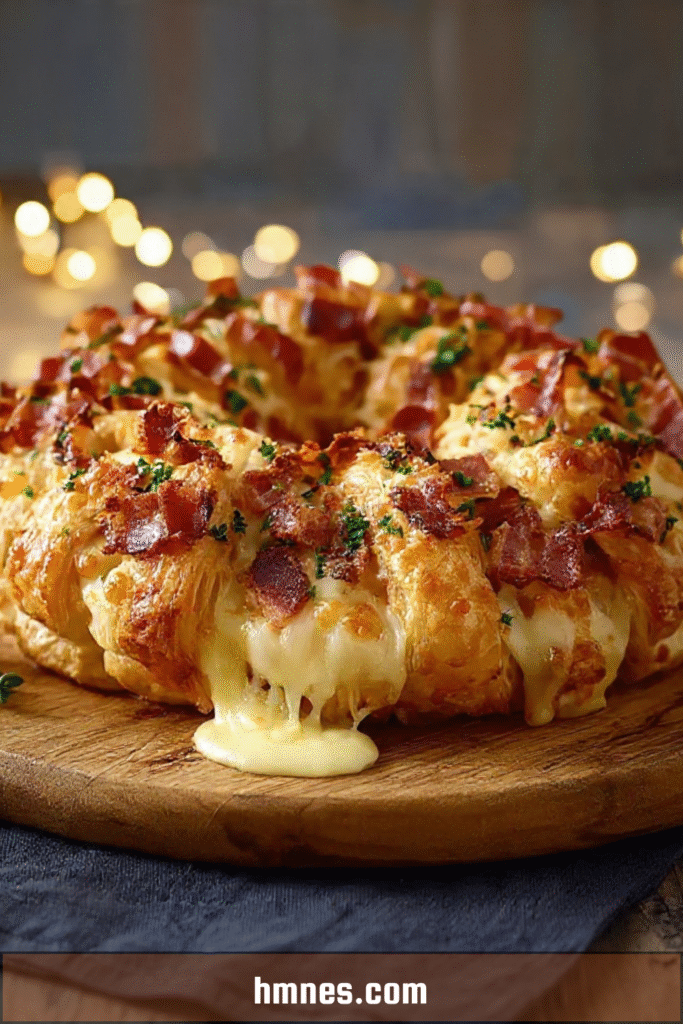 Couronne feuilletée garnie de bacon et fromage à raclette, dorée et fondante, servie sur une plaque