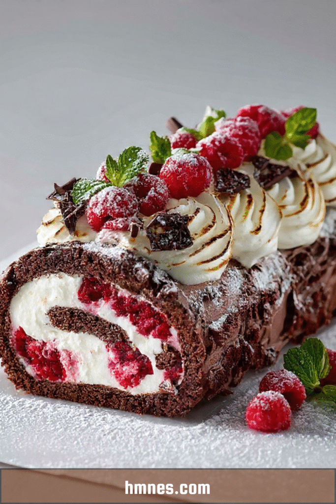 bûche glacée chocolat framboise recouverte de meringue dorée et framboises fraîches