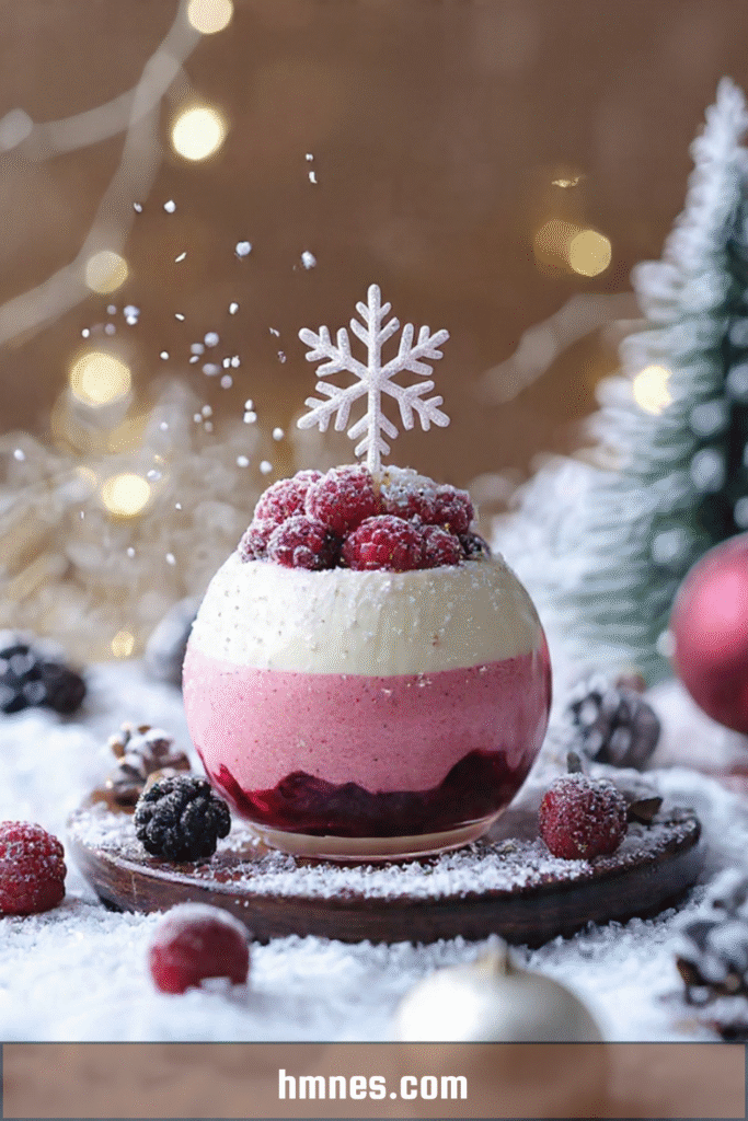 Verrine de Noël composée de mousse framboise, crème vanille et décor givré