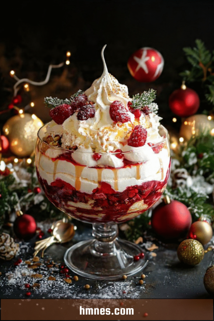 Trifle de Noël en verre avec fruits rouges, crème vanille et chantilly