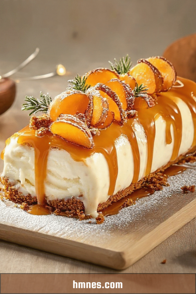 Bûche glacée caramel avec base spéculoos et nappage au caramel coulant