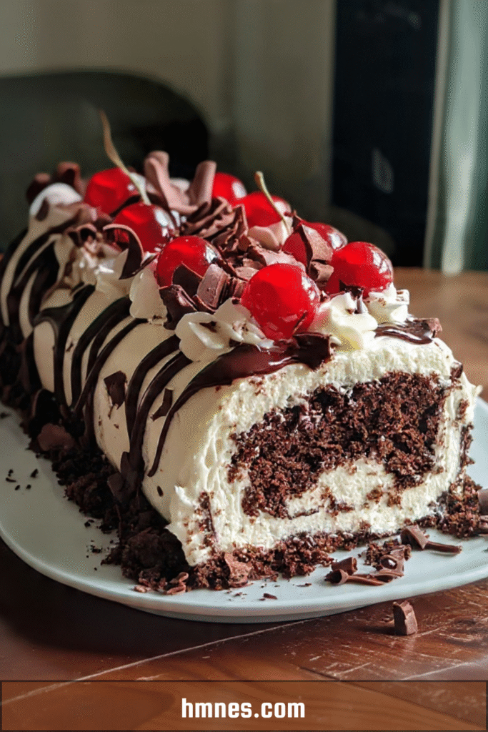 Gâteau roulé Forêt-Noire avec chantilly, cerises et copeaux de chocolat