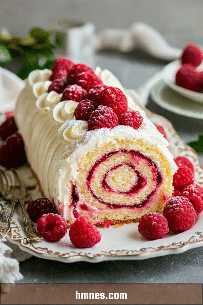 Gâteau roulé vanille framboise avec génoise moelleuse et confiture brillante