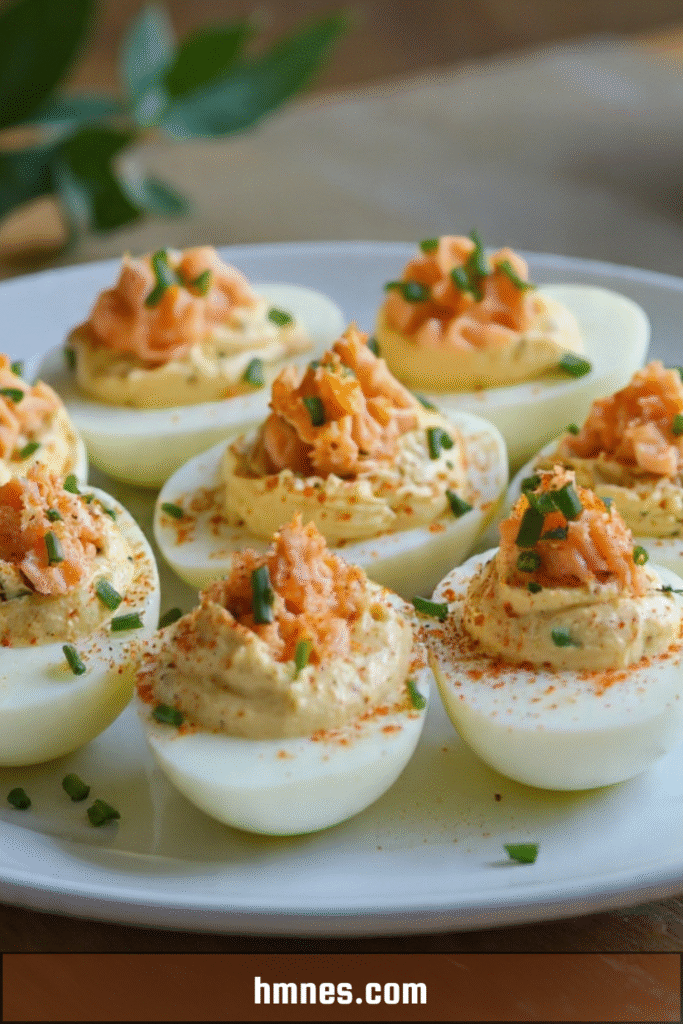 Œufs mimosa saumon garnis d’herbes fraîches et légèrement saupoudrés de paprika