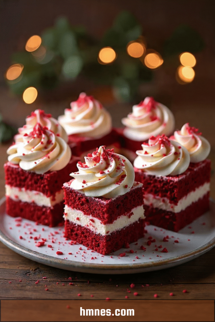 Mini cubes Red Velvet Noël garnis de crème vanille et décorés de miettes rouges