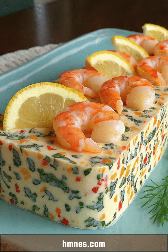 Terrine crevettes légumes avec légumes croquants, fromage frais et décoration au citron